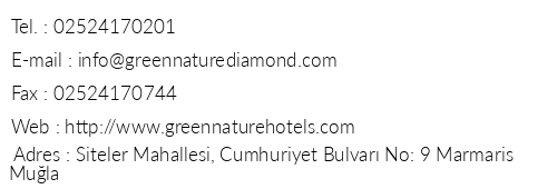 Green Nature Diamond Hotel telefon numaralar, faks, e-mail, posta adresi ve iletiim bilgileri